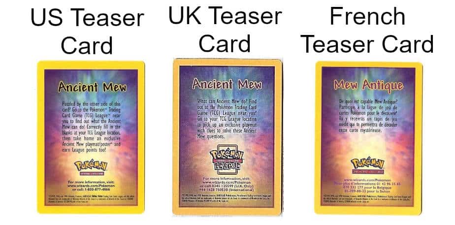 Ancient Mew Teaser Cards US, UK, and France