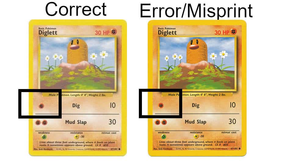 Correct Versus Sideways Fighting Symbol Diglett Error-Misprint